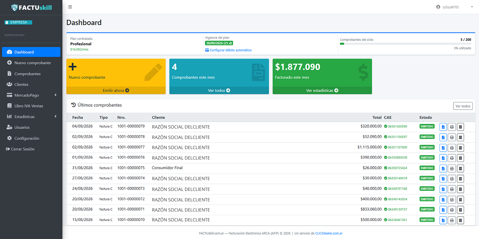 Dashboard de FACTUskill con comprobantes emitidos